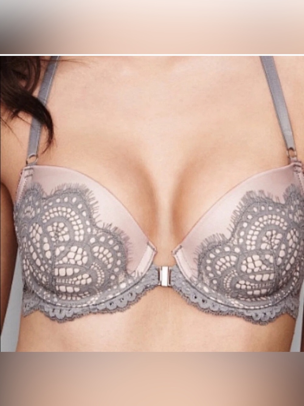 Victoria’s Secret Dream Angels Demi Lace Crochet Sterling Pewter Gray Bra 38DD